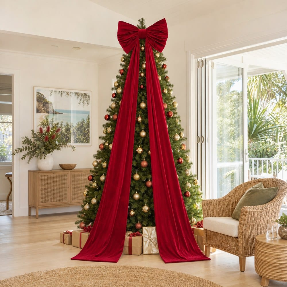 Giant Red Velvet Bow on a decorated Christmas tree, its tails running the full 240cm to the floor