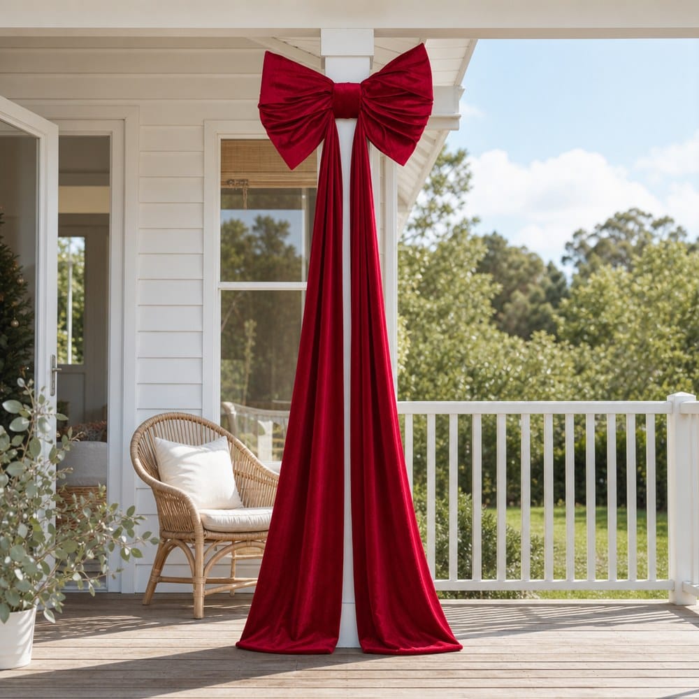 Giant Red Velvet Bow tied to a verandah post, styled in an Australian Christmas setting