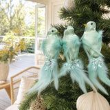 Mint Feathered Bird Clips on a decorated Christmas tree