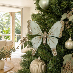 Mint Butterfly Clip on a decorated Christmas tree