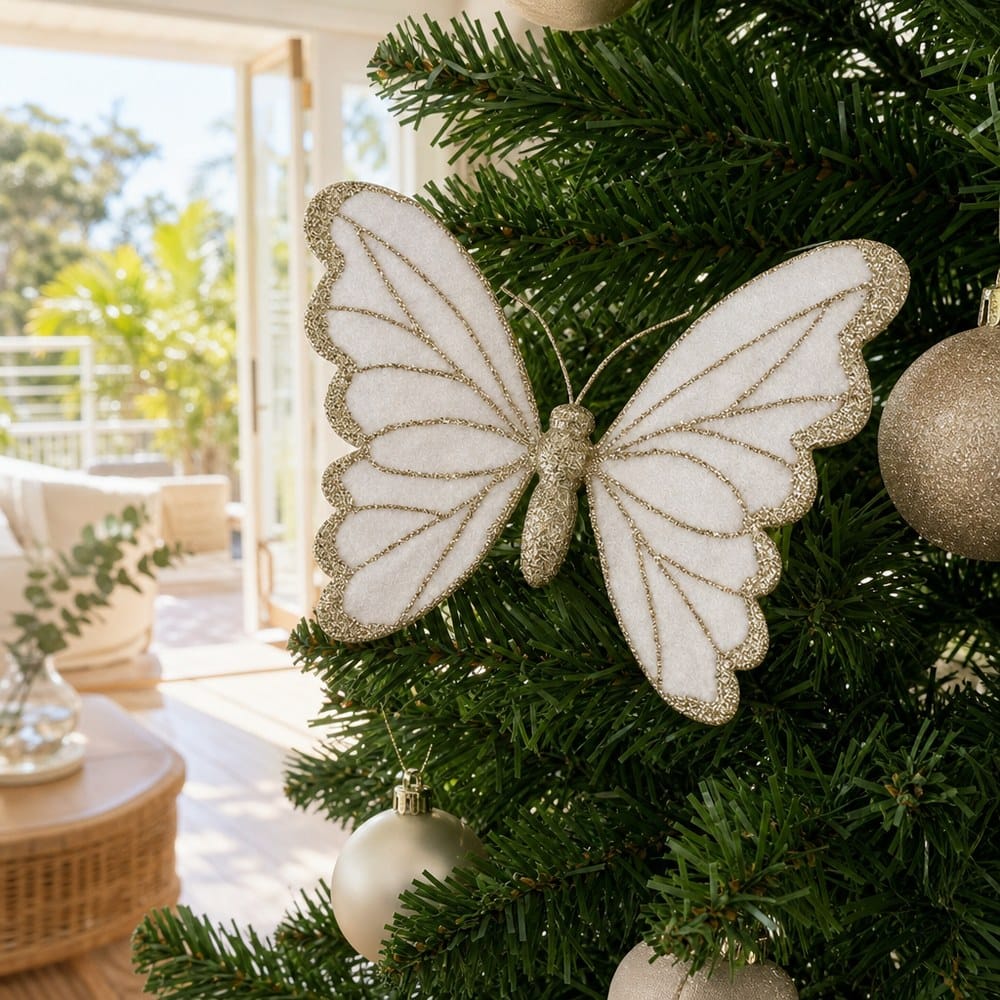 Champagne and Ivory Butterfly Clip on a decorated Christmas tree