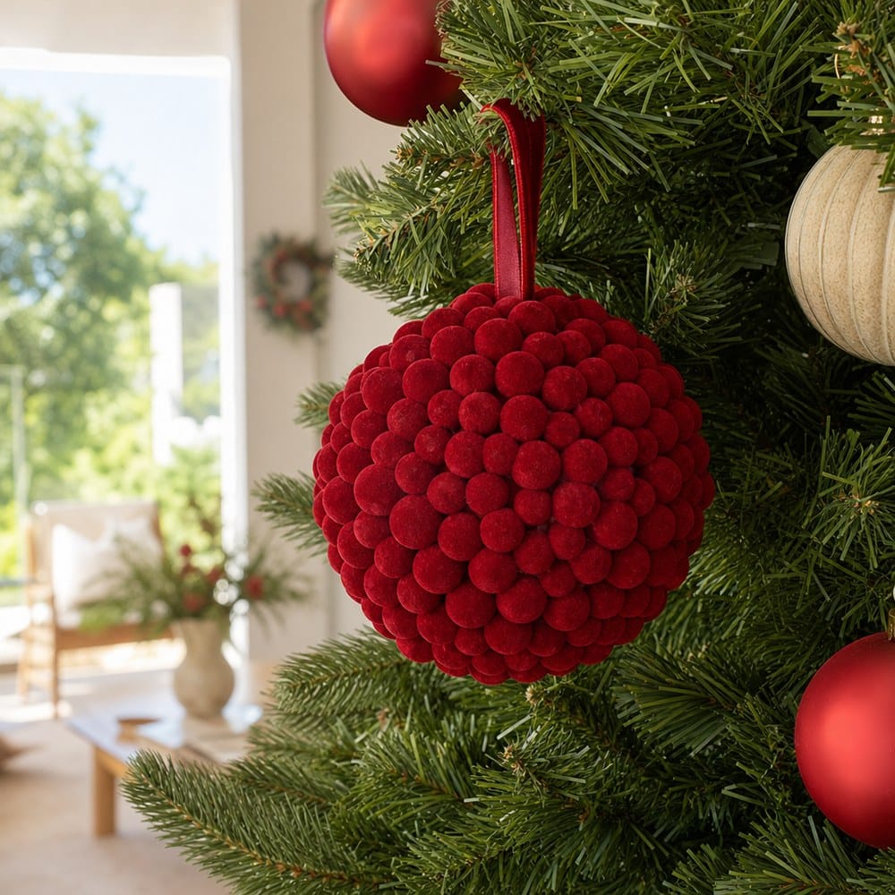 Crimson Flocked Berry Bauble on a decorated Christmas tree
