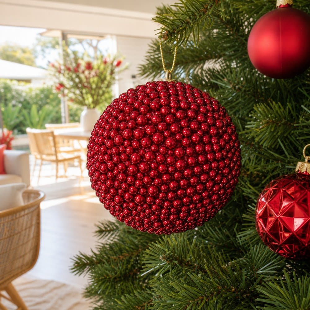 Crimson Pearl Berry Bauble on a decorated Christmas tree