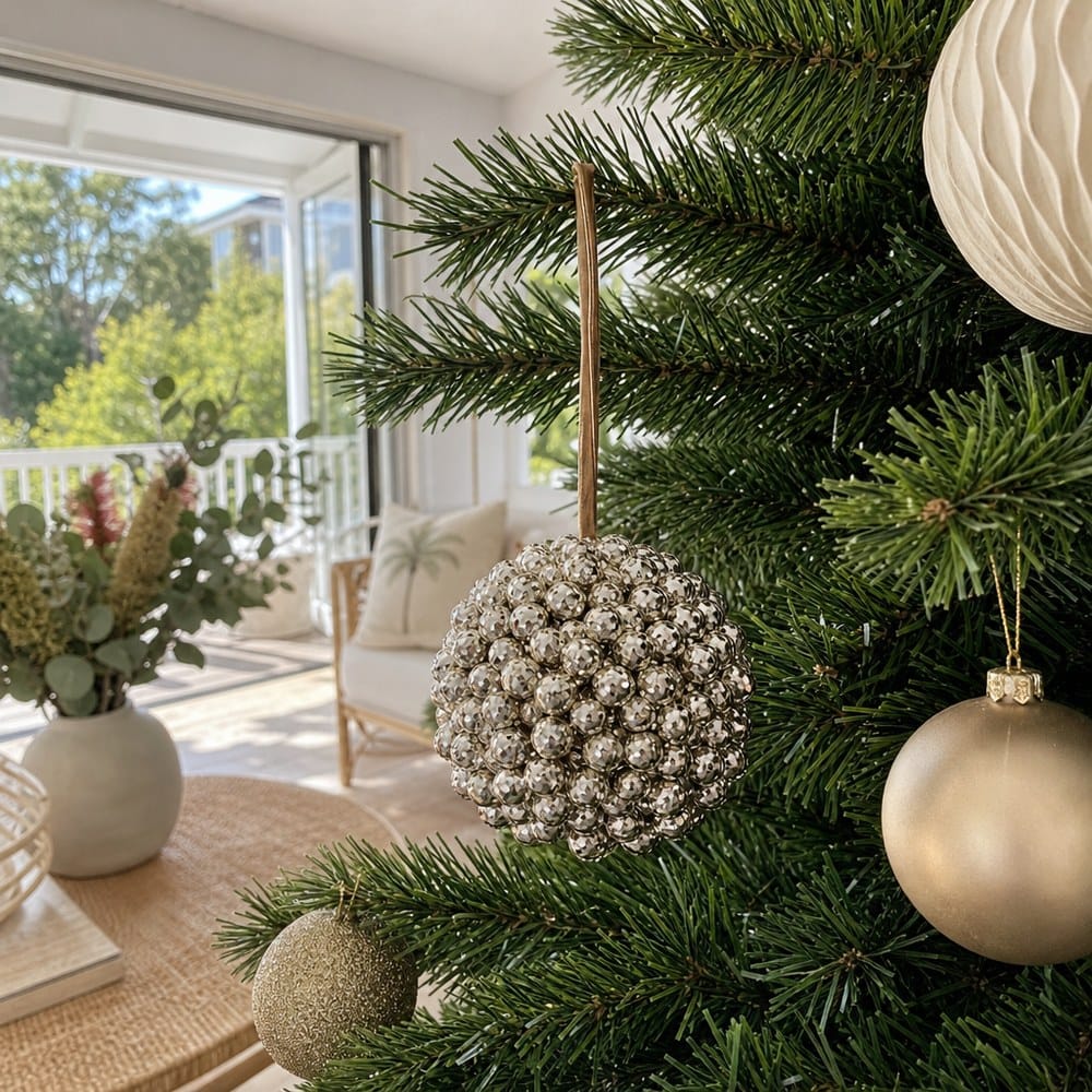 Champagne Glitter Berry Bauble on a decorated Christmas tree