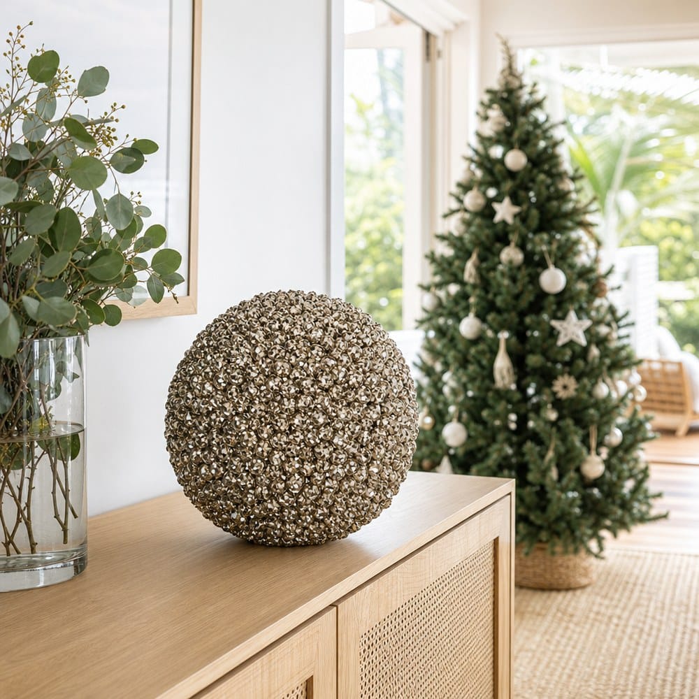 Champagne Glitter Berry Bauble styled in an Australian Christmas setting