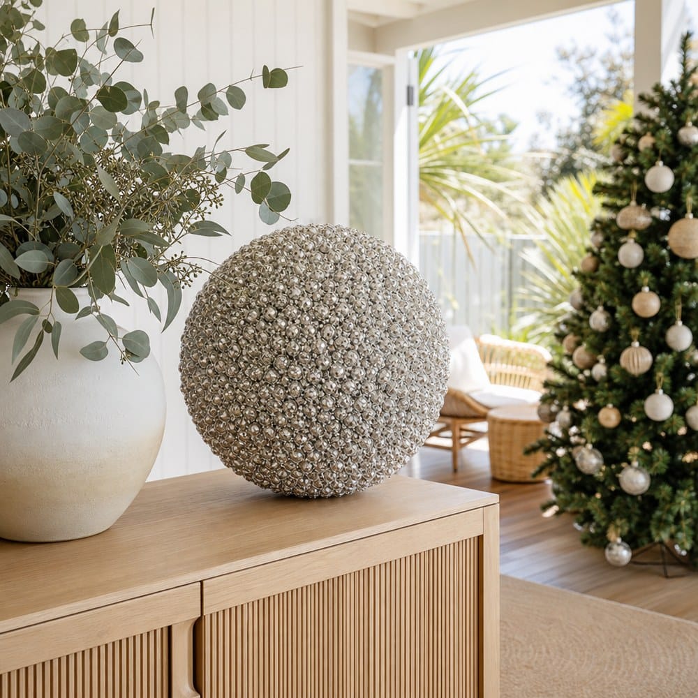 Champagne and Silver Berry Bauble styled in an Australian Christmas setting
