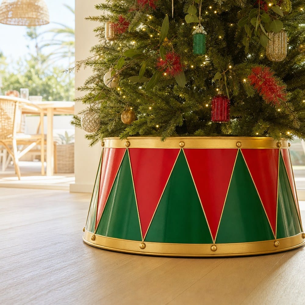 Harlequin Holiday Metal Tree Skirt styled in an Australian Christmas setting