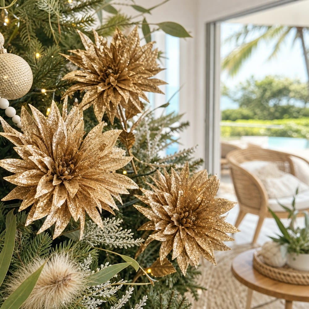 Copper Spiky Metallic Flower Stem on a decorated Christmas tree