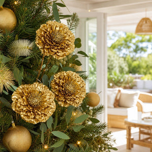 Gold Metallic Triple-Head Floral Stem on a decorated Christmas tree