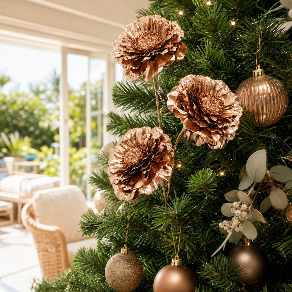 Copper Metallic Triple-Head Floral Stem on a decorated Christmas tree