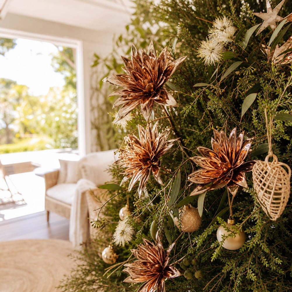 Copper Metallic Double-Head Floral Stem on a decorated Christmas tree