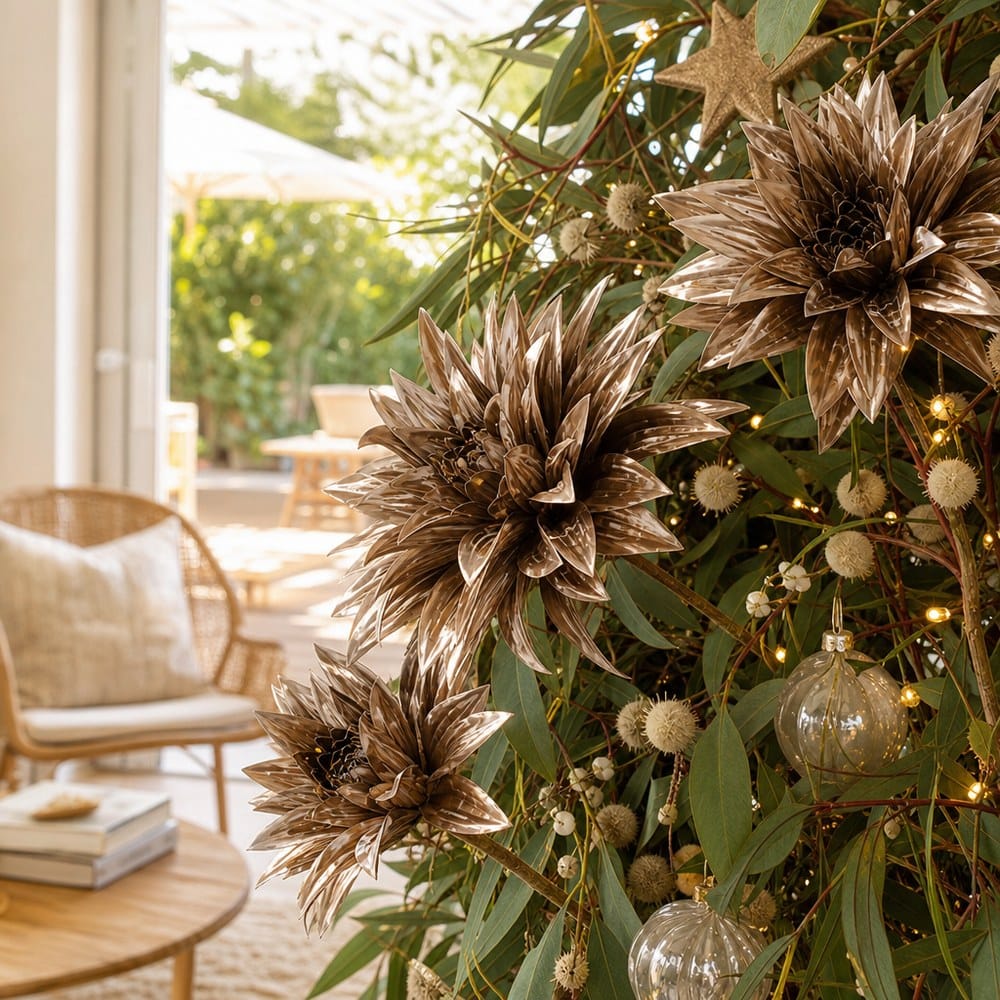 Champagne Metallic Double-Head Floral Stem on a decorated Christmas tree