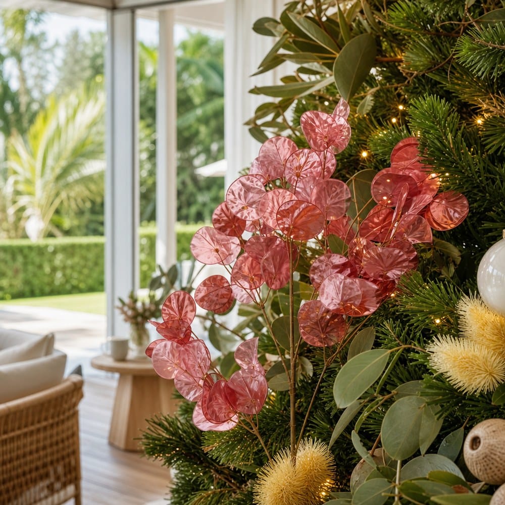 Pink Flower Cluster 4 Head Stem on a decorated Christmas tree