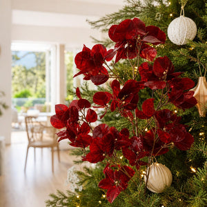 Red Flower Cluster 4 Head Stem on a decorated Christmas tree