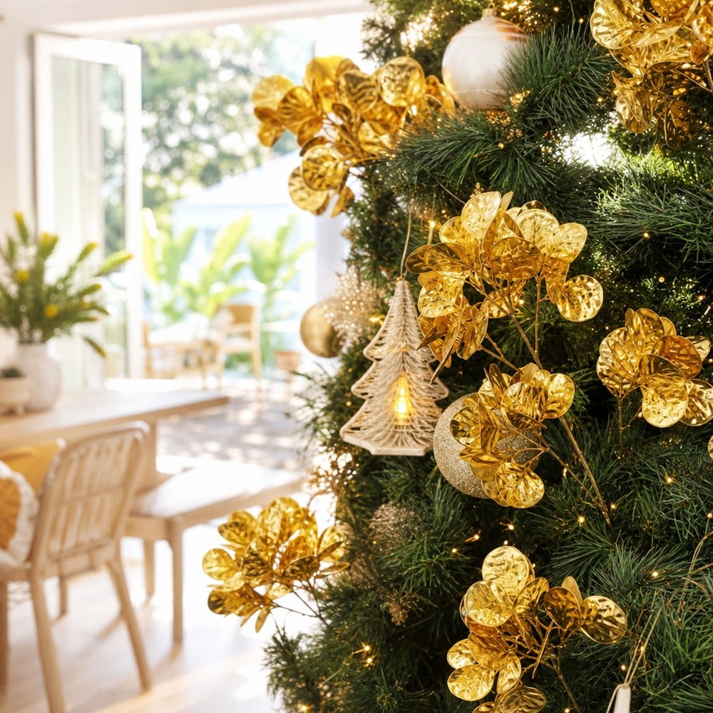 Gold Flower Cluster 4 Head Stem on a decorated Christmas tree