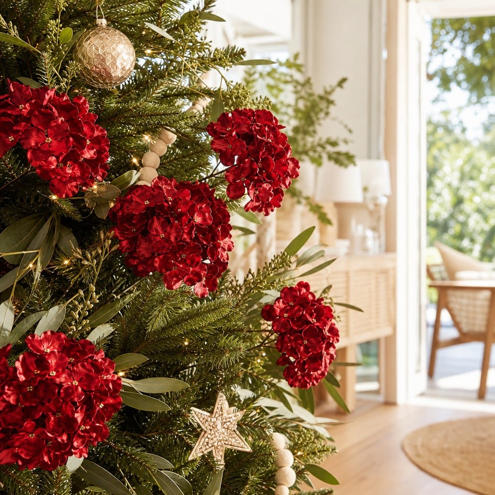 Red Triple-Head Floral Stem on a decorated Christmas tree
