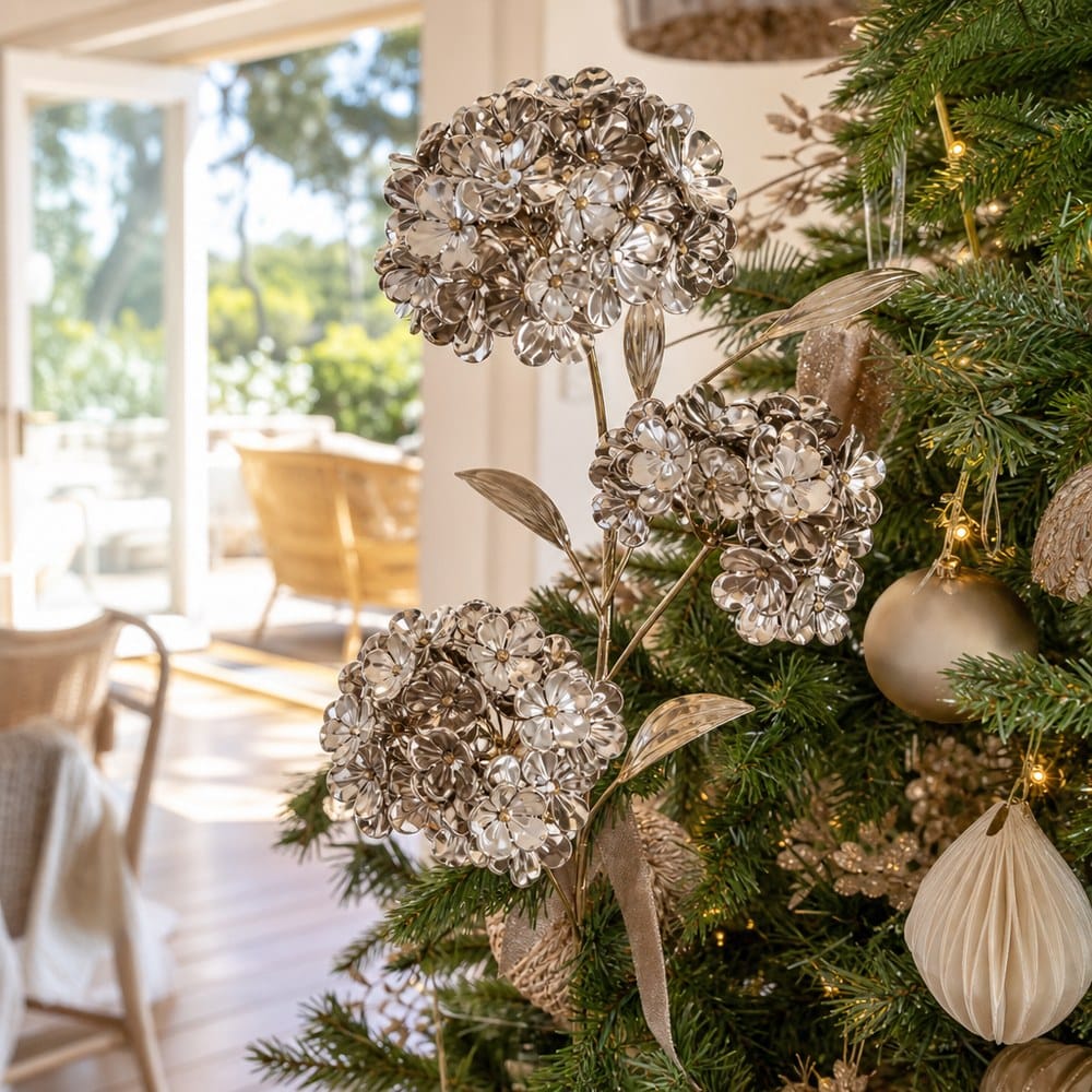 Champagne Triple-Head Floral Stem on a decorated Christmas tree