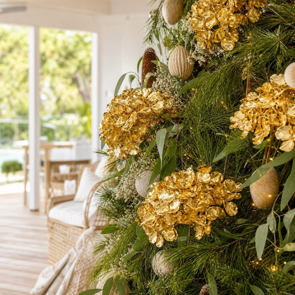 Gold Metallic Flower Bouquet Stem on a decorated Christmas tree