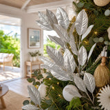 Silver Metallic Leaf Spray Stem on a decorated Christmas tree