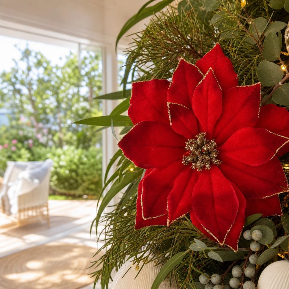 Deep Red Poinsettia Stem on a decorated Christmas tree
