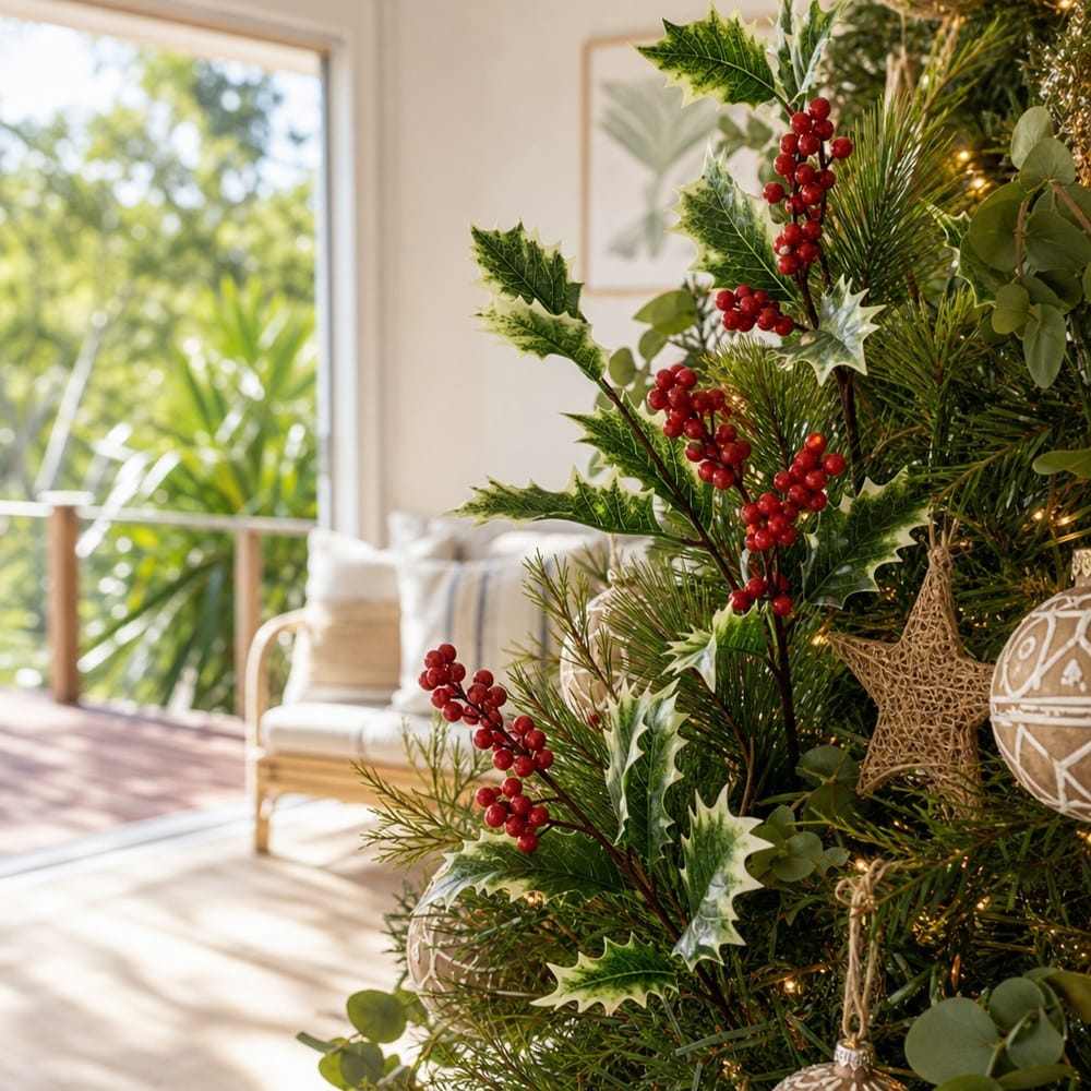 Berry Leaf Spray Stem on a decorated Christmas tree