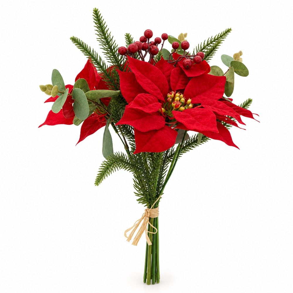 Deep Red Poinsettia and Eucalypt Bouquet Stem (33cm)