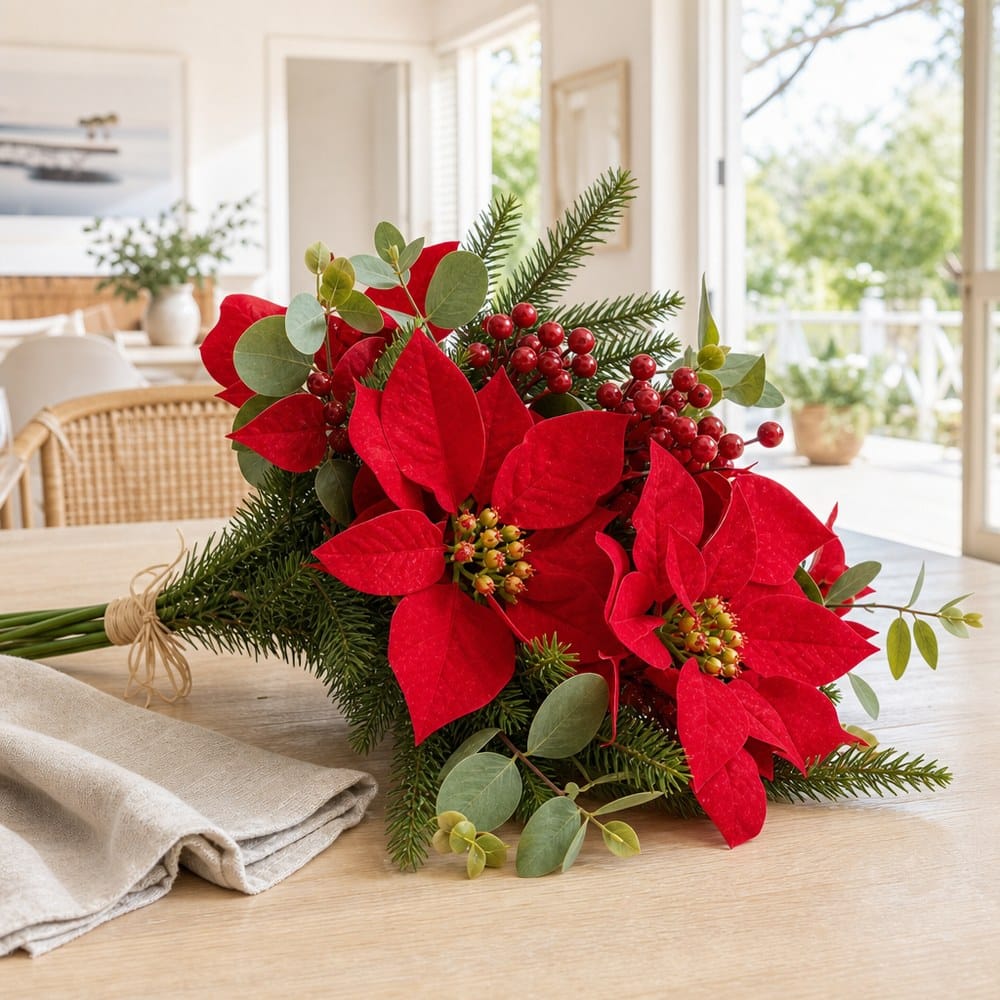 Deep Red Poinsettia and Eucalypt Bouquet Stem on a decorated Christmas tree