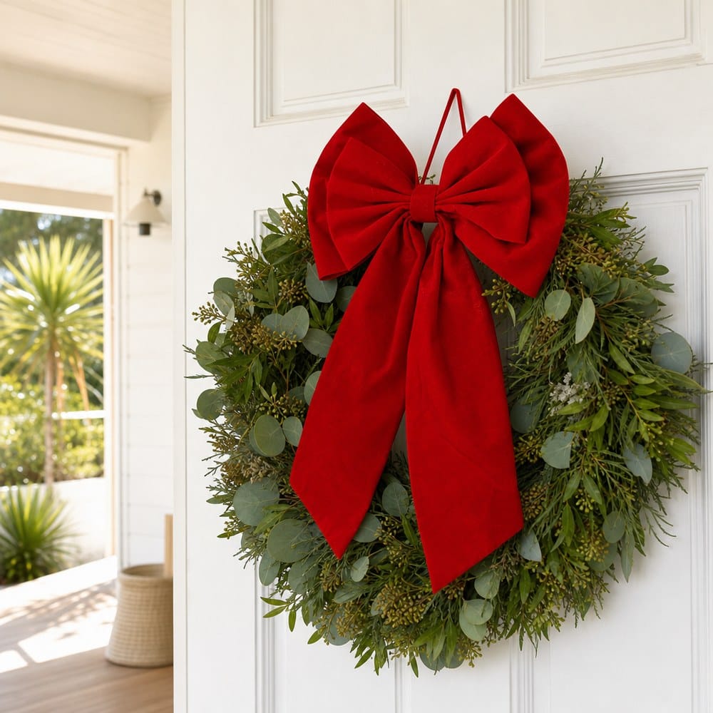 Double Layer Flocked Burgundy Bow styled in an Australian Christmas setting