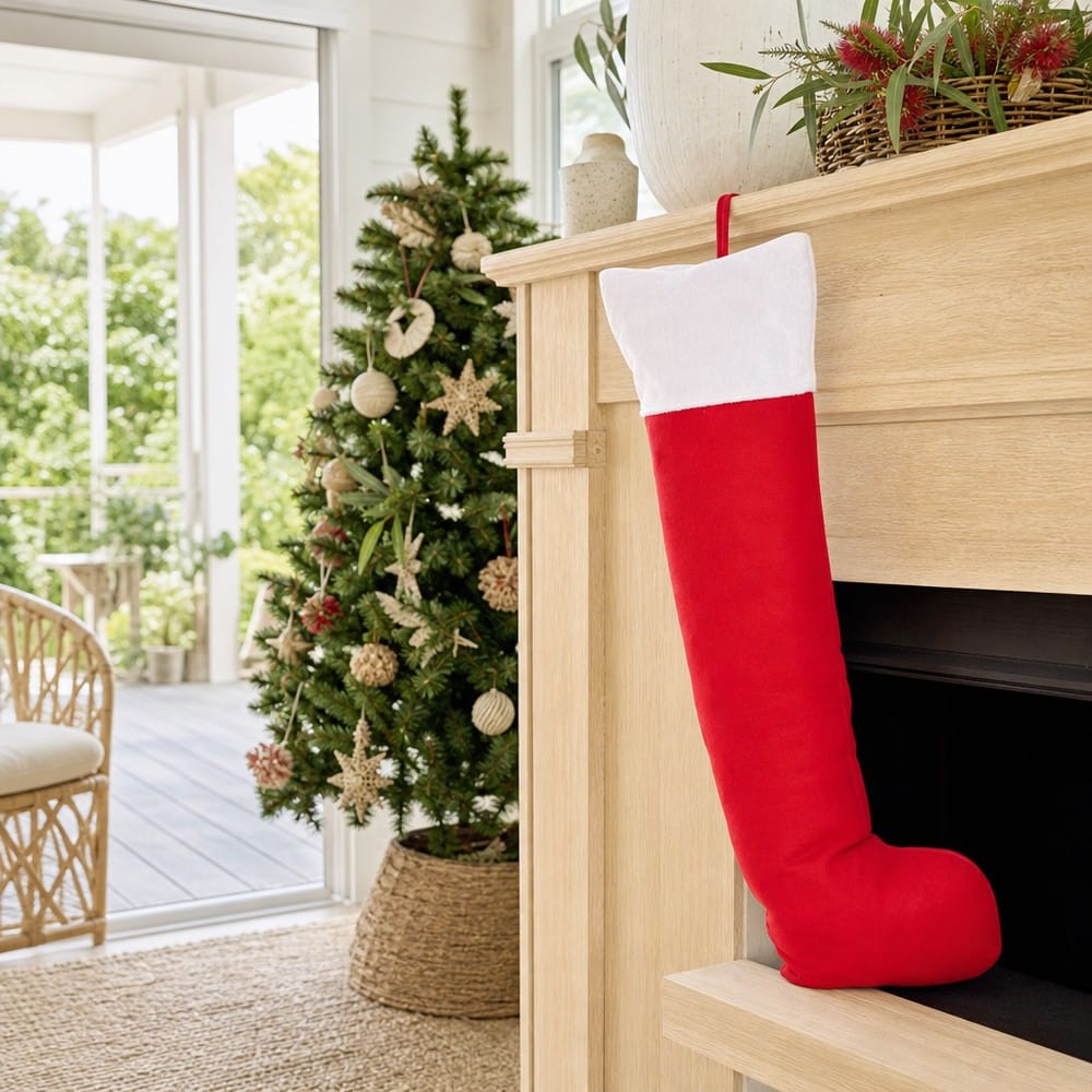 Huge Deluxe Felt Stocking with Plush Trim (110cm) styled in an Australian Christmas setting