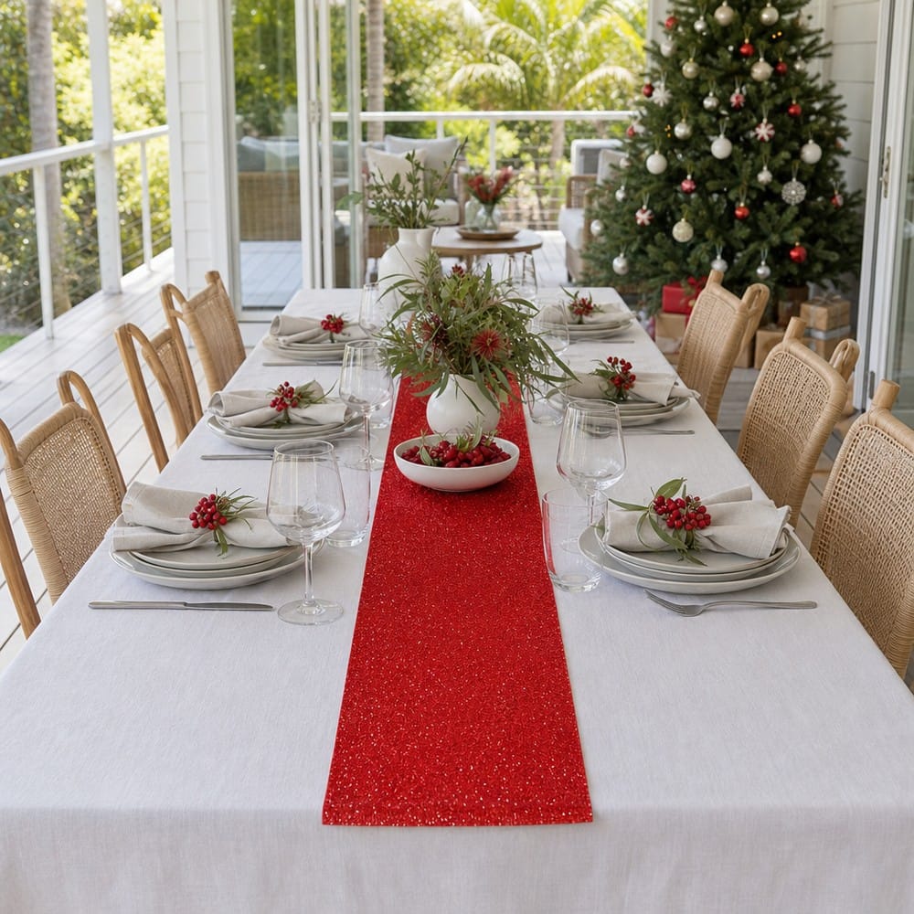 Mesh and Sequin Runner 3 Asst (2.7m) styled in an Australian Christmas setting