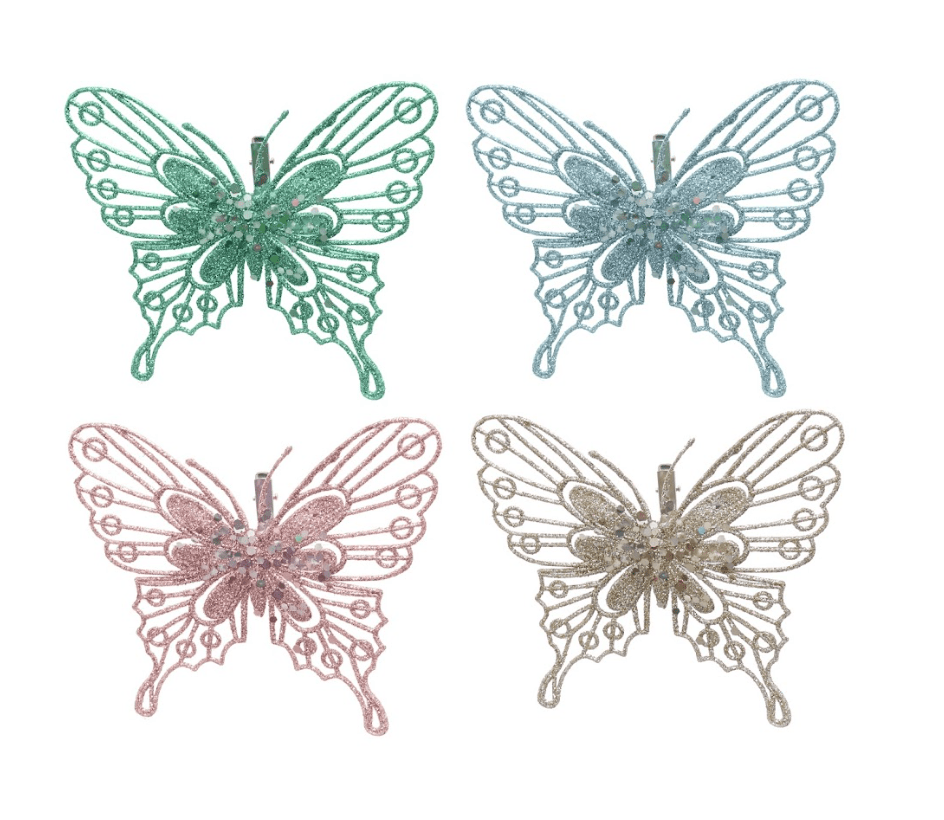 3pk Glitter Wire Butterfly Clip 4 Asst