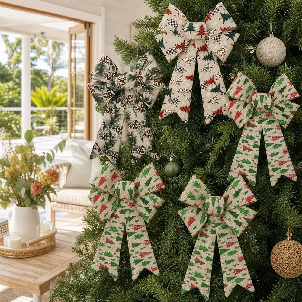 Natural Bow with Trees and Foliage Asst (38cm) styled in an Australian Christmas setting