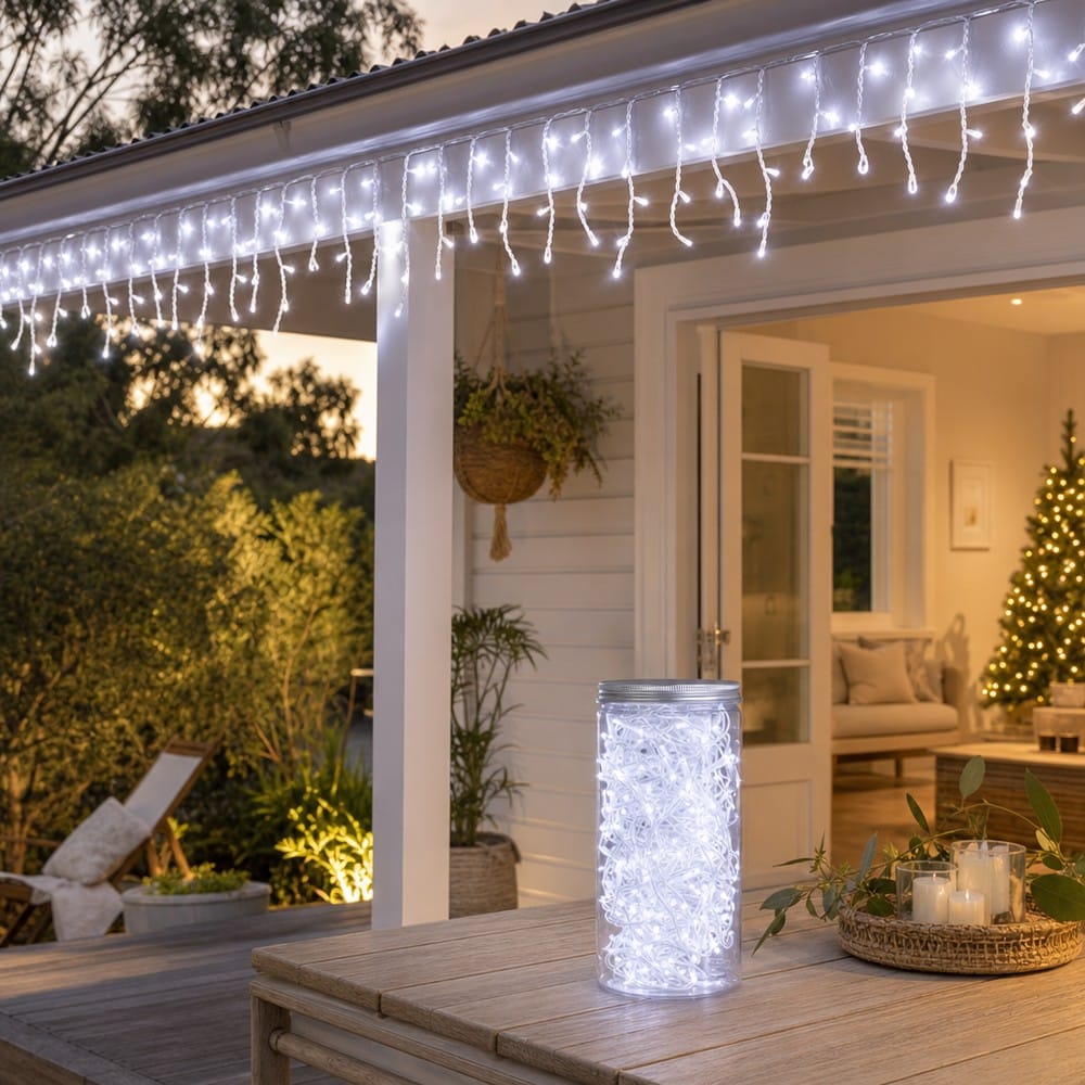 200 Battery LED Cool Icicle Lights in Jar styled in an Australian Christmas setting