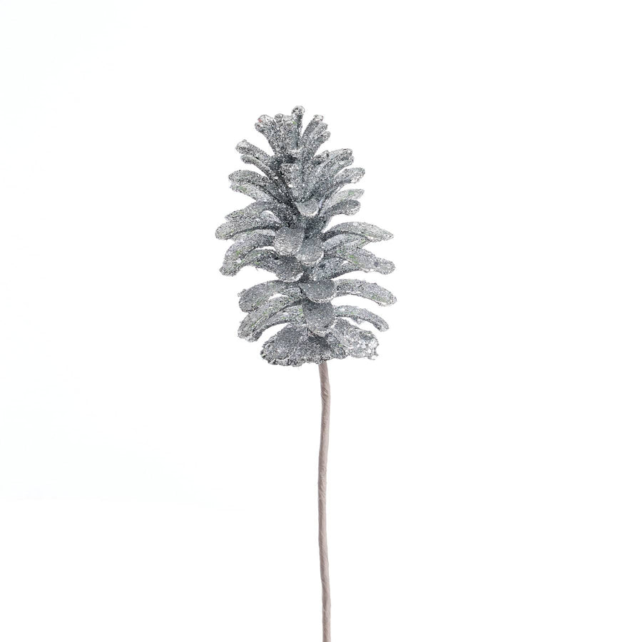 Silver Glitter Pine Cone Stem (35cm)