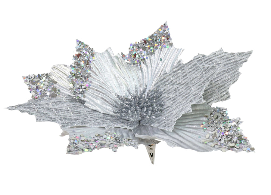 Clip On Silver Poinsettia with Sequins and Glitter (30cm)
